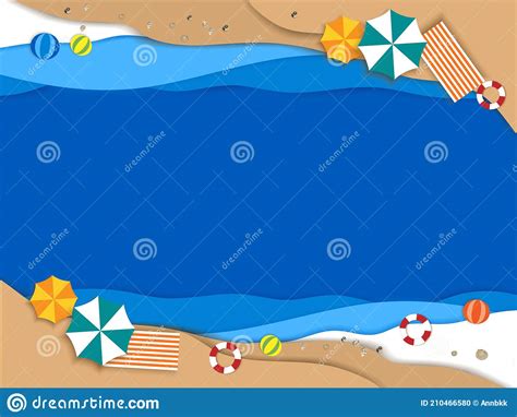 Paper Art Top View Of Cartoon Abstract Waves On Ocean Blue Sand Beach