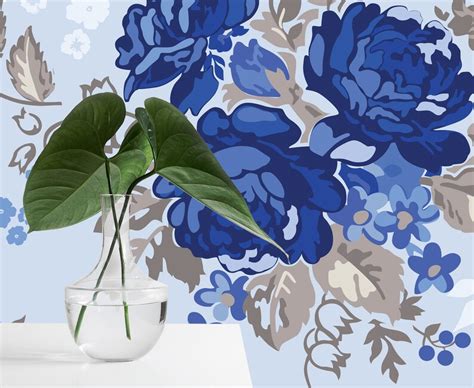 Blue Vintage Floral Wallpaper Botanical Wallpaper Self Etsy