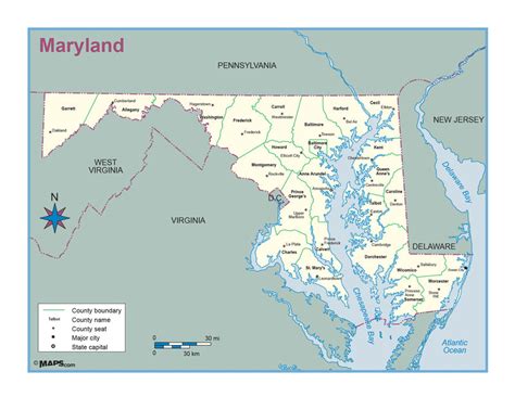 Maryland Washington Dc County Outline Wall Map