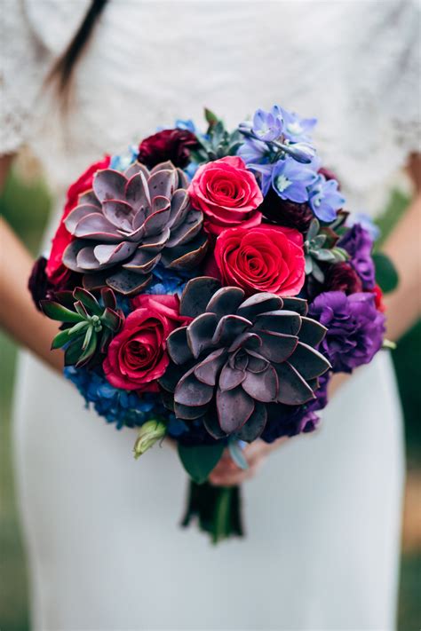 Bridal Bouquet Roses Succulents Pink Purple Blue Jewel Tone