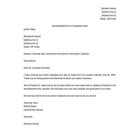 Acceptance Of Resignation Letter Example Sample
