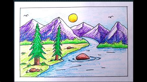 How To Make Mountain Scenery Drawing With Trees Lake Drawing