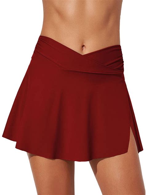 Luxplum Women Swim Skirt High Waisted Bikini Skirt Ruched Split Side