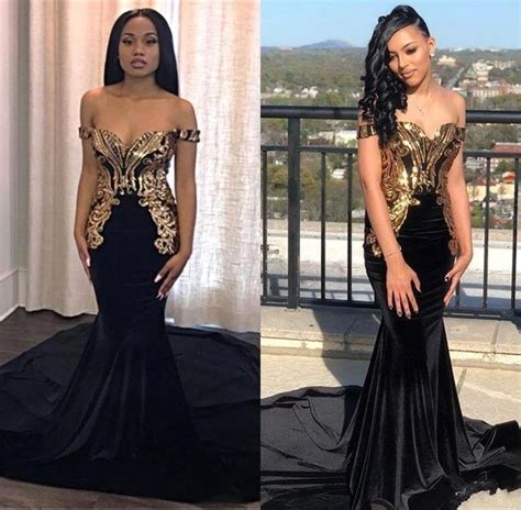 Off The Shoulder Mermaid Black Prom Dresses 2019 Gold Applique Sequin