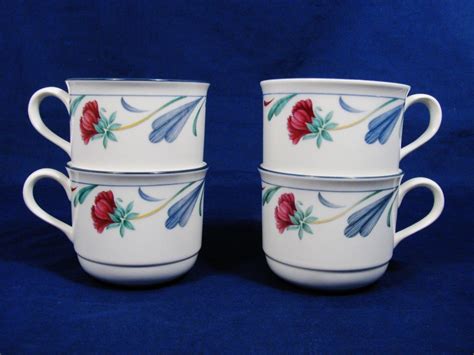 Lenox Usa Chinastone Set Of 4 Tea Coffee Cup Floral Poppies On Blue
