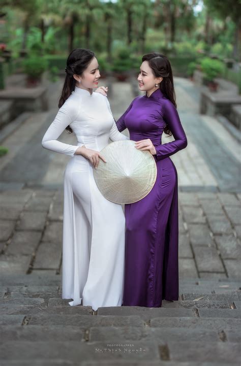 Women Ao Dai White Dress Purple Dress Vietnamese Depth Of Field Leaf Hat Asian Wallpaper