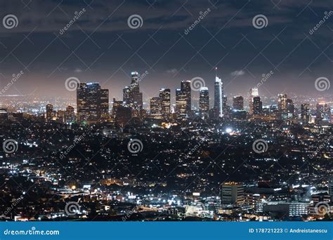 Aerial Night View Of Financial District Skyline In Downtown Los Angeles
