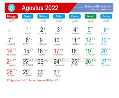 Kalender Jawa Agustus 2022 Lengkap Dengan Dino Pasaran