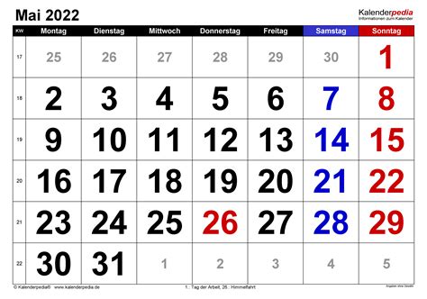Kalender Mai 2022 Als Excel Vorlagen