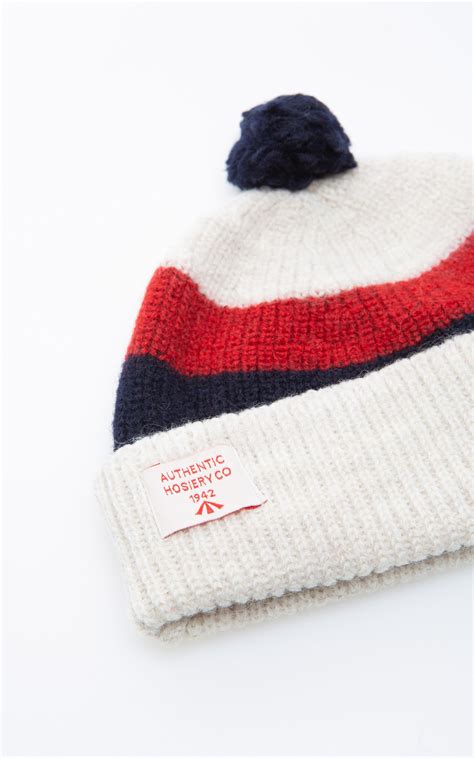 Nigel Cabourn Striped Pom Pom Beanie Wool Natural Cultizm