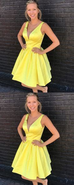 A Line V Neck Short Yellow Satin Homecoming Dress With Pockets Yellow Homecoming Dresses