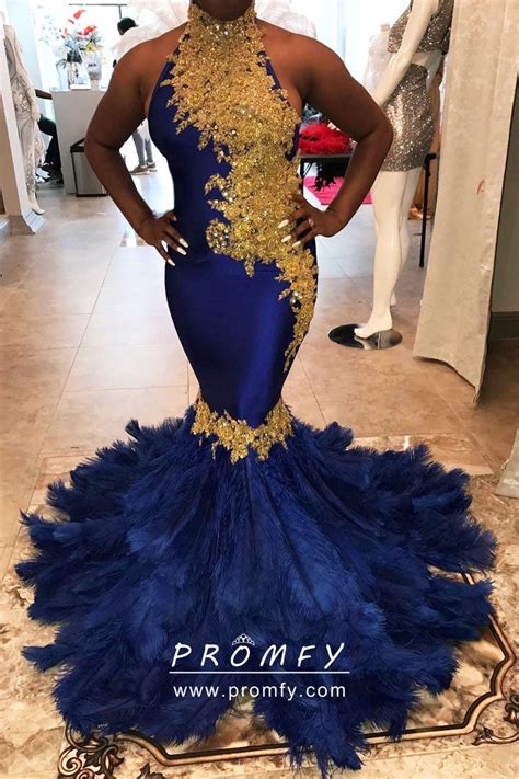 Beaded Gold Lace Appliqued Royal Blue Unique Feather Trumpet Prom Gown