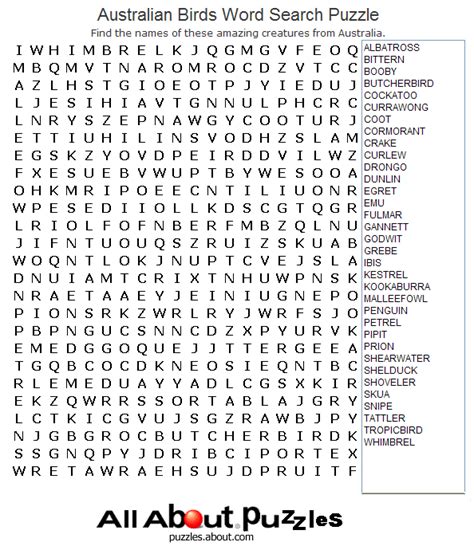 Printable Word Search Puzzles Australian Birds Word Search