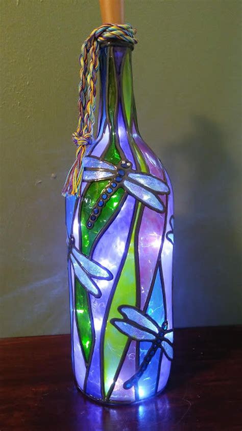 Dragonfly Lighted Handpainted Wine Bottle Inspired Stained Etsy Painted Wine Bottles Lighted