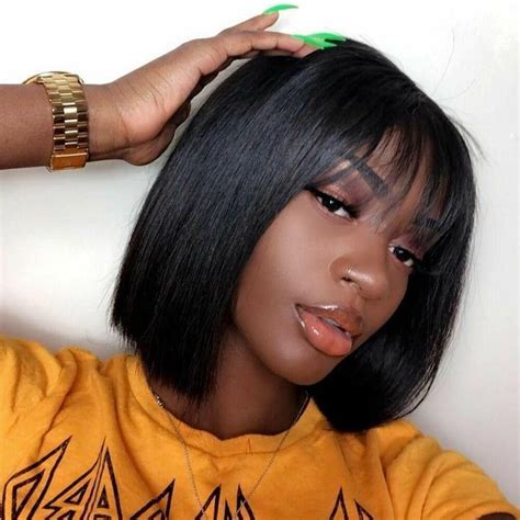 Hanuni Bob Non Lace Straight Hair Wig With Bangs Human Hair Wigs For Black Women 10 In In