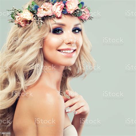 Beautiful Blonde Woman Fashion Model With Roses Flowers Blonde Curly