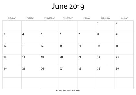 Blank June Calendar 2019 Editable Whatisthedatetodaycom