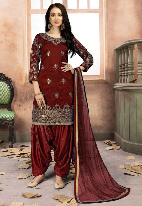Embroidered Art Silk Punjabi Suit In Maroon Indian Dresses Traditional Fashion Punjabi Dress