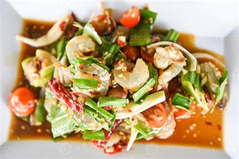 Raw Shrimp Salad Thai Style Spicy Seafood Sauce Shrimps Prawns Salad On White Plate
