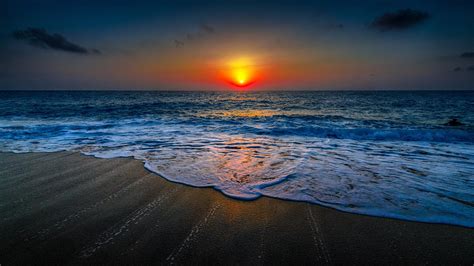 Ocean Water Sand Beach Sky Clouds Horizon Sunset Sun Hd