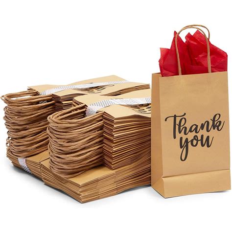 100 Pack Thank You Party Favor Kraft Paper T Bags Bulk With Handles