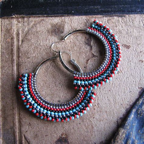 Turquoise Beaded Hoops Striped Silver Plated Earrings Red And Black
