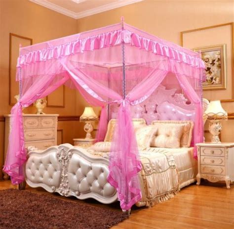 Pink Ruffled Four 4 Post Bed Canopy Netting Curtains Sheer