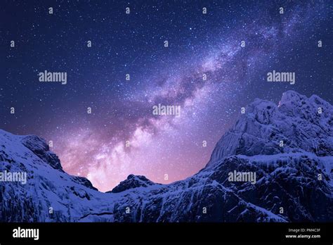 Milky Way Above Snowy Mountains Space Fantastic View