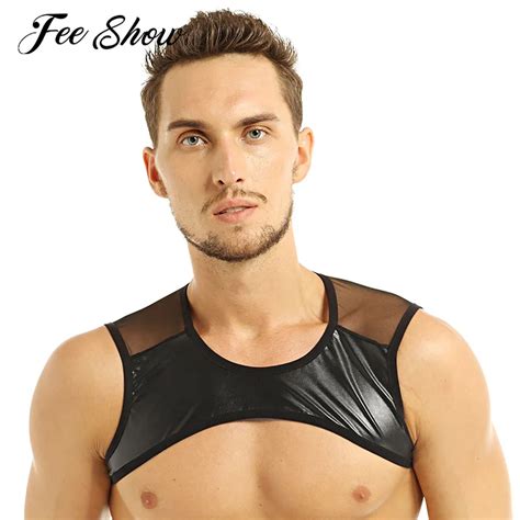 Gay Mens Fashion Faux Leather Patchwork Sleeveless Sheer Mesh Muscle