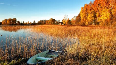 Autumn Scenery Lake Water Grass Boat Trees House Wallpaper