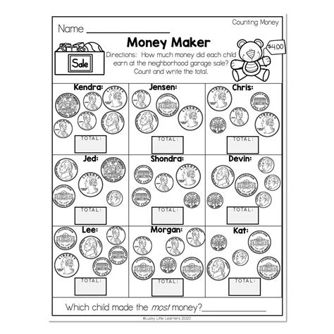 More Than Just A Worksheet Math Money Exercises For 2nd Grade Lucky