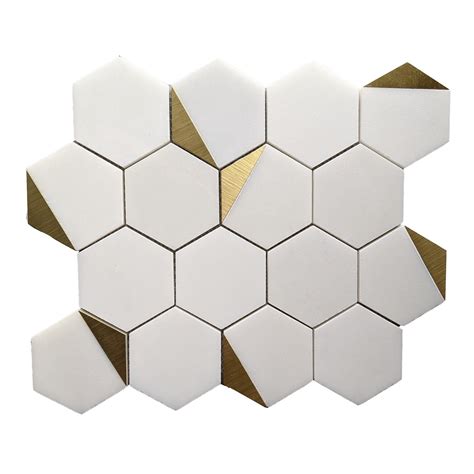 White And Gold Hexagon Tiles With Metallic Accents On The Edges