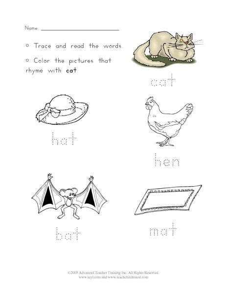 Trace Words That Rhyme With Cat Worksheet For Kindergarten 1st Grade