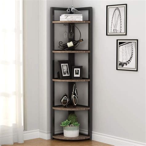 Rustic Corner Bookshelf Small Bookcase Corner Storage Shelf Unit Plant