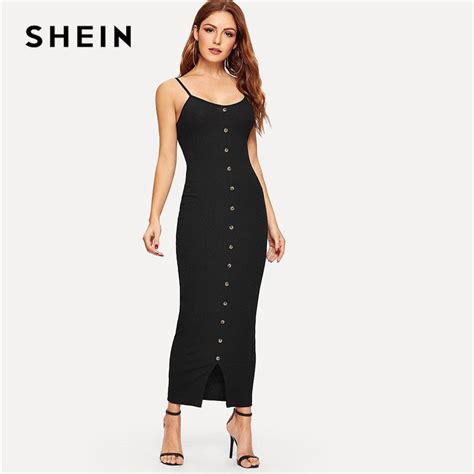 Shein Black Button Front Slit Hem Rib Knit Sleeveless Bodycon Dress Women Summer Slim Fit