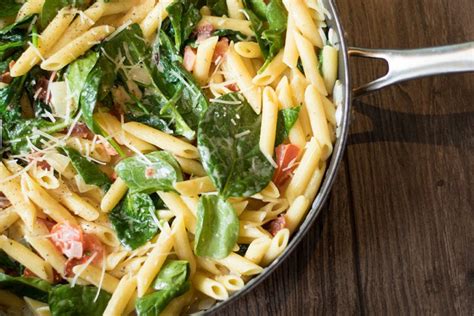 Bacon Spinach Tomato Penne Pasta With Parmesan Chef Shamy