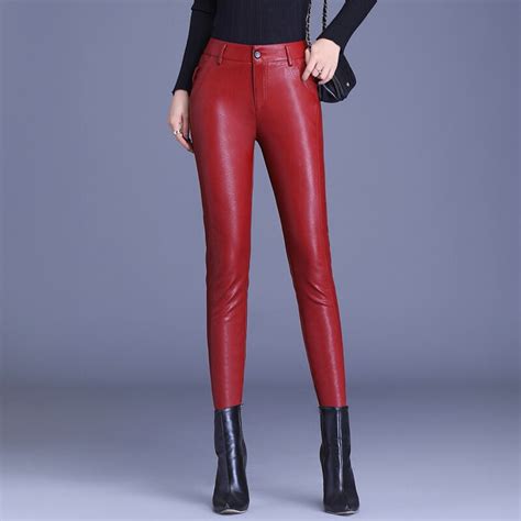 2020 new winter pu leather pants leggings button high waist pants for women high quality casual