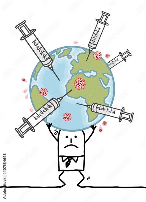 Cartoon Man Carrying The Sick Earth With Syringes And Vaccine Anti