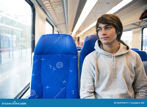 Young Man Travelling In Train Stock Image Image Of Passenger