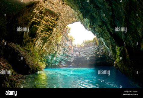 Underground Lake In Melissani Cave Kefalonia Island Greece Stock