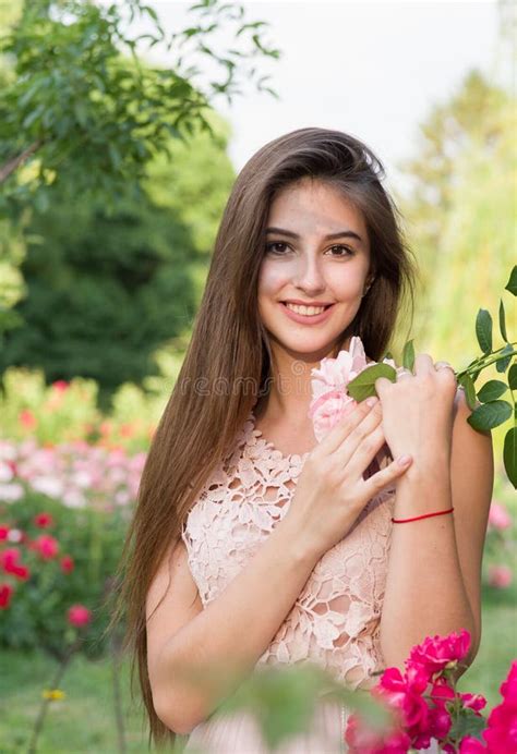 Portrait Of A Beautiful Girl Happy Girl Roses Rosarium Garden