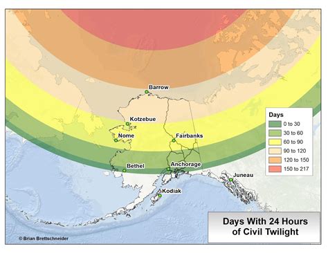 Map Showing The Amount Of Days With 24 Hours Of Sunlight In Alaska R