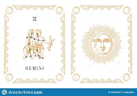 Gemini Zodiac Symbol And Constellation Old Card Stock Vector
