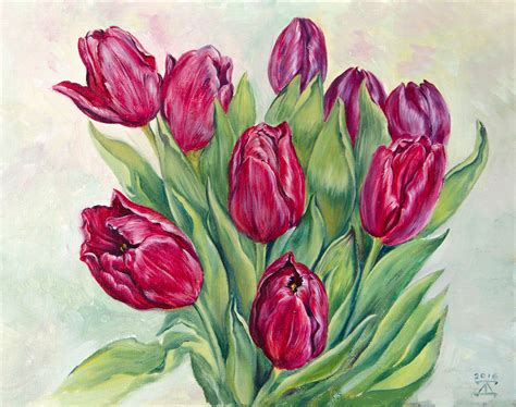 The Purple Tulips Oil On Canvascardboard 30x24 Cm Original Oil