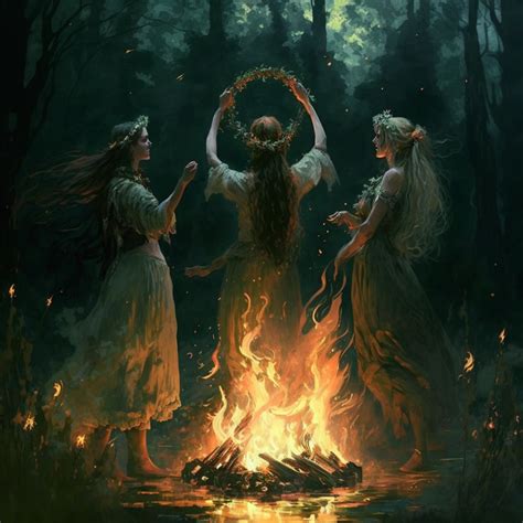Pagan Ceremony Witches Wiccan Women Dancing Around Fire Full Moon Ceremony Fantasy Aesthetic