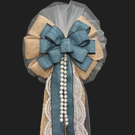 Denim Burlap Wedding Pew Bows With Lace Pearls Rustic