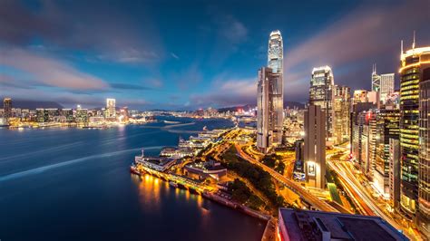 Sunset Sea City Cityscape Hong Kong Skyline Skyscraper Evening