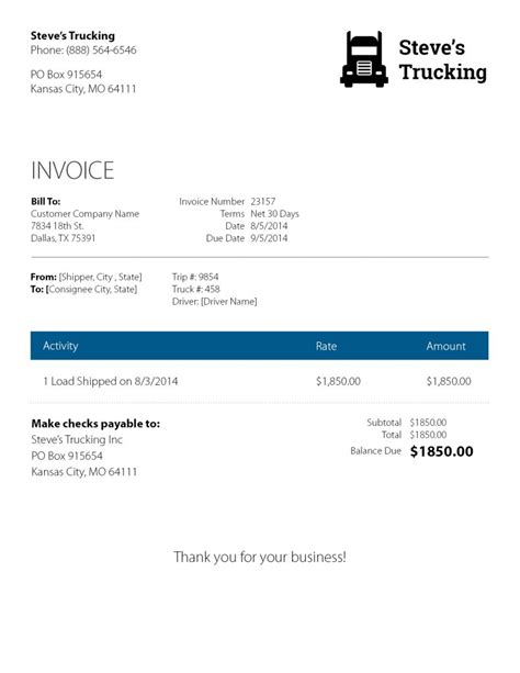 trucking company invoice template 10 examples of professional templates ideas