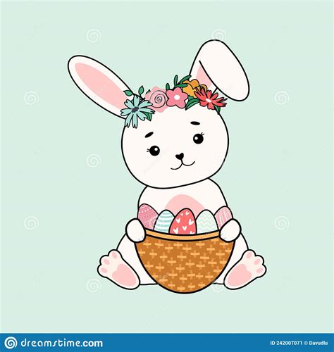 Cute Easter Bunny Holding Basket With Ornate Eggs Vector Illustration