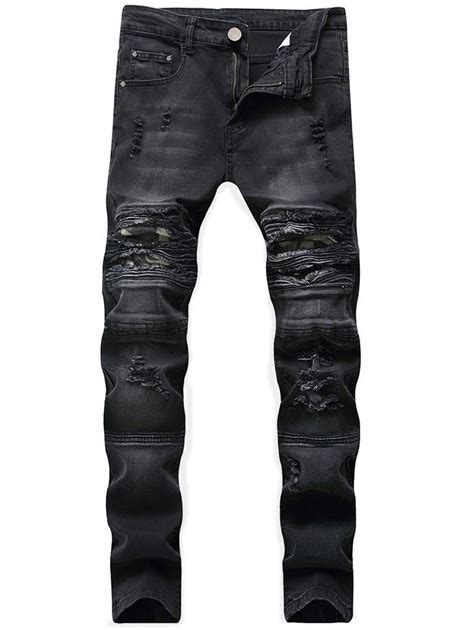 Ripped Camo Panel Faded Wash Biker Jeans Black L Men S Clothing Men S Bottoms